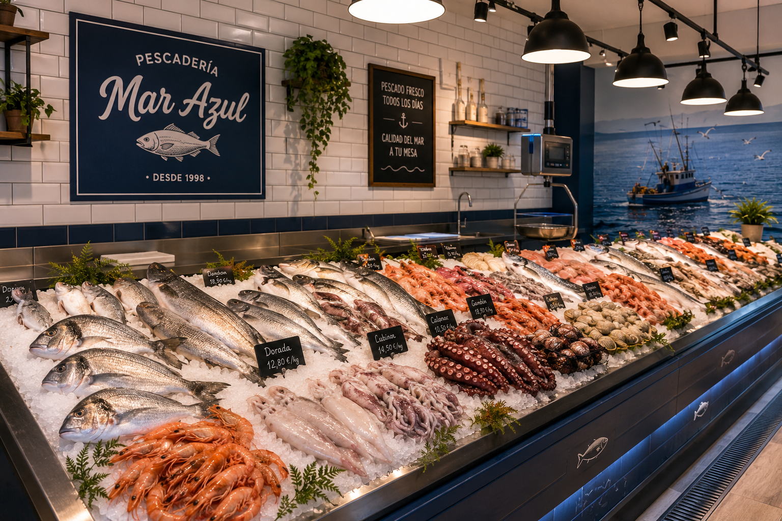 Mostrador de pescadería con pescado fresco